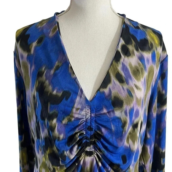 Premise Studio Blouse XL Abstract Watercolor Gathered Chest Stretch Colorful Top - Picture 4 of 8